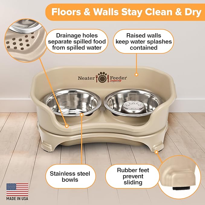 Neater Feeder Express Mess Proof Dog Bowls Elevated for Small Breed – Made in USA – No Spill Raised Slow Feeder Elevated Dog Bowl Stand, Stainless Steel Food and Water Bowl Set, Almond
