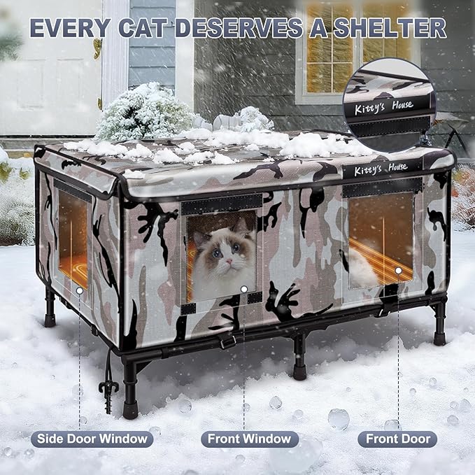 Heated Outdoor Cat House - Weatherproof Outdoor Cat Shelter with 2 Doors & Rain Cover, Waterproof Warm Outside Cat House for Feral Cats & Stray Pets (32"x22"x18")