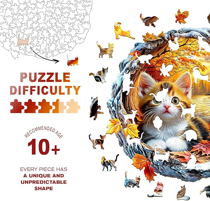 Wooden Puzzles for Adults - Kitten in Autumn Wooden Jigsaw Puzzle, Unique Animal Shaped Wood Puzzles Adult, Christmas Birthday Gifts for Friends/Family, Home Decor 11.4 * 11.3in 190pcs