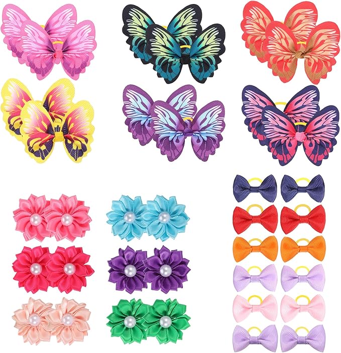 36 Pcs Small Dog Hair Bows with Rubber Bands Handmade Tiny Pet Grooming Accessories Butterfly Small Dog Knotted Bows Multicolor Pearls Flower Elastic Hair Ties Bands for Puppy Cats Pets
