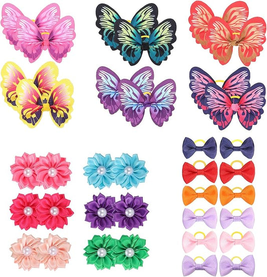 36 Pcs Small Dog Hair Bows with Rubber Bands Handmade Tiny Pet Grooming Accessories Butterfly Small Dog Knotted Bows Multicolor Pearls Flower Elastic Hair Ties Bands for Puppy Cats Pets