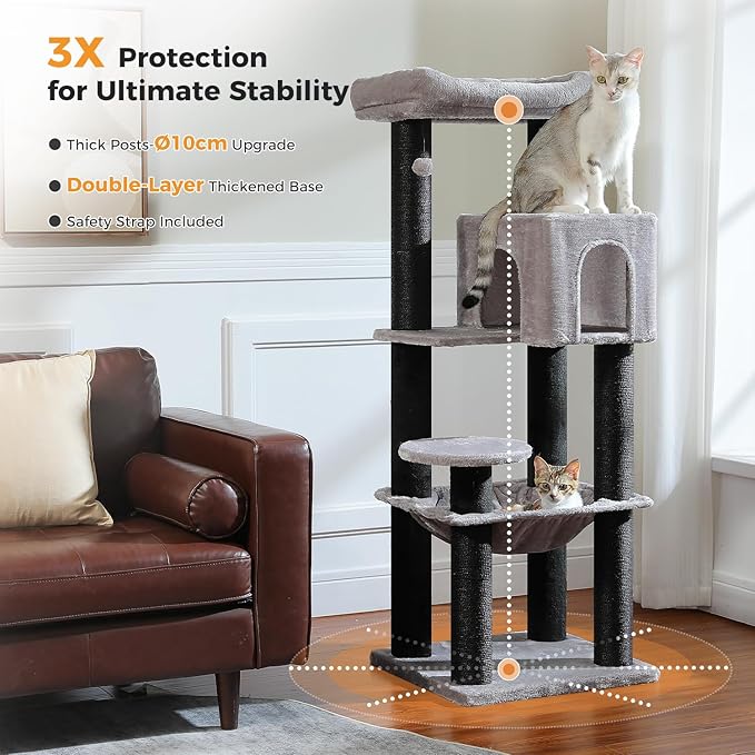 Large Cat Tree with Reinforced Scratching Posts (φ3.7in) for Big Adult Cats 30 lbs, 57.8" Heavy Duty Cat Tower with Larger Hammock and Condo, Cat Furniture for Maine Coon, Plush,Black