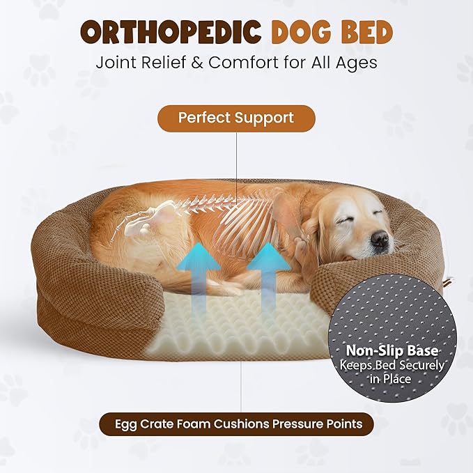 Plush Orthopedic Pet Bed for Small Dogs & Cats, 28" Oval Dog Sofa with Supportive Egg Crate Foam, Washable Removable Cover & Non-Slip Bottom, Bolstered Sides for Comfort, Camel (28")