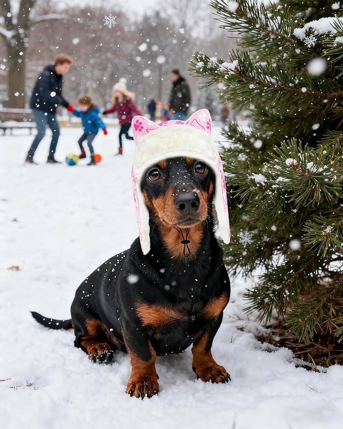 PET SHOW Dog Trapper Hat Winter Hat for Small Medium Dogs Warm Fleece Aviator Hats with Ear Flaps Adjustable Outdoor Girl Pet Pilot Costume Cap M-Pink Paw/Without Ear Holes