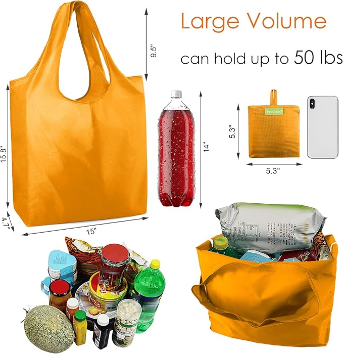 BeeGreen Yellow Reusable Grocery Bags Light Orange Shopping Bags Bulk 50LBS X-Large Foldable Heavy Duty 10 Pieces