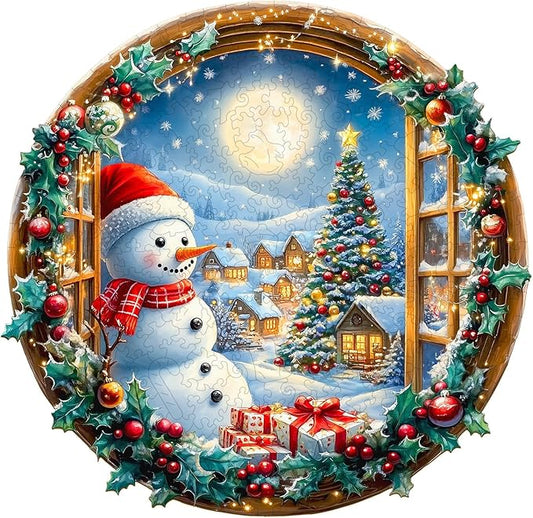 Wooden Puzzles for Adults - Snowman's Vigil Wooden Jigsaw Puzzle, Unique Animal Shaped Wood Puzzles Adult, Christmas Birthday Gifts for Friends/Family, Home Decor 8.5 * 8.2in 100pcs