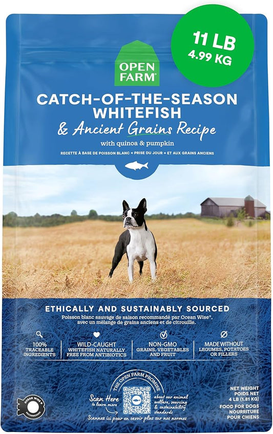 Open Farm, Ancient Grains Dry Dog Food, Protein-Rich & Nutrient Dense, 90% Animal Protein Mixed with Non-GMO Fruits, Veggies and Superfoods, Catch-of-The-Season Whitefish Recipe, 11lb Bag