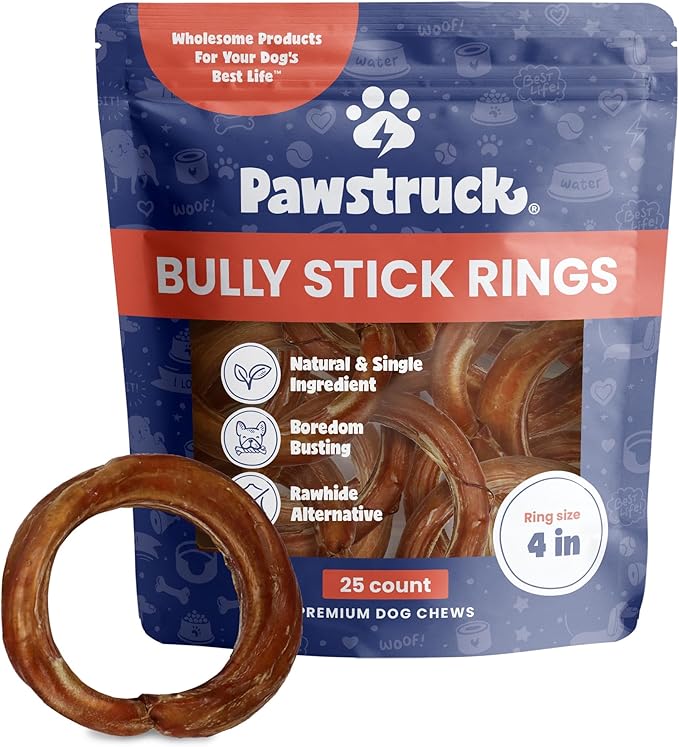 Pawstruck All-Natural 4" Bully Stick Rings for Dogs - Rawhide-Free, 100% Beef, Single Ingredient Dental Chew Bones - Fully Digestible, Low Odor - Bulk 25 Pack - Packaging May Vary