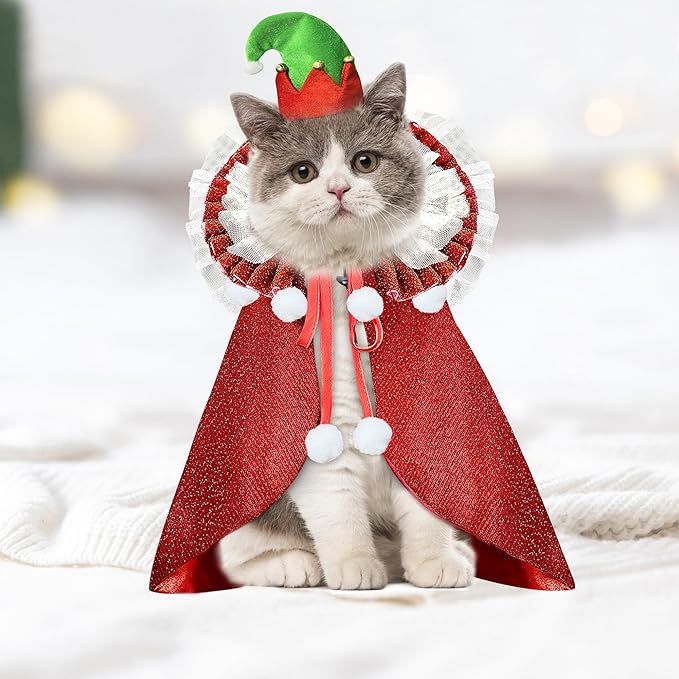 KOUPA Pet Christmas Costume with Hat, Dog Halloween Clothes Cosplay Wizard Cloak for Small Puppy Kitten Animal, Shiny Cat Outfit Suit for Party Holiday, Red