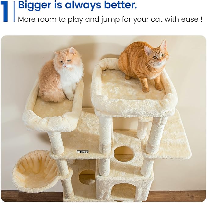 MWPO Extra Large Cat Tree - 70.1-Inch Tall Cat Tower with 3 Cat Condos, Multi-Level Cat Stand for Large Cats Featuring Scratching Posts, Padded Perches, Hammock, Dangling Toys, Beige
