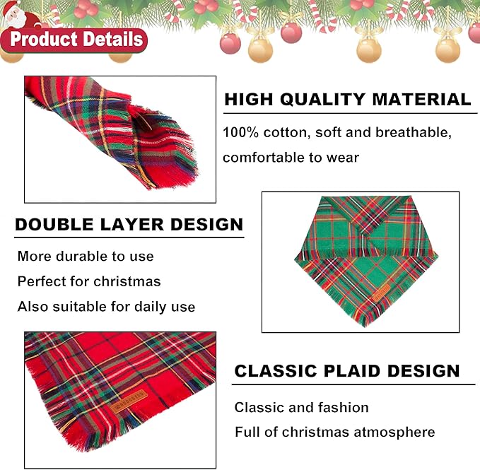 ADOGGYGO 2 Pack Dog Bandana Christmas with Tassels Edges, Stylish Red Green Plaid Puppy Scarf Bibs Kerchief, Premium Cotton Fabric, Pet Christmas Bandanas for Small Dogs (Small)