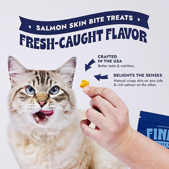 Finfare Freeze Dried Salmon Skin Bites, Grain Free Crunchy Salmon Cat Treats, High Protein & Omega-3s for Skin & Coat Health, Crafted in USA, 6oz
