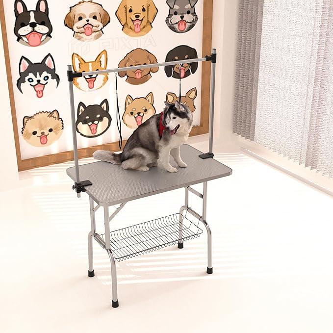46" Dog Grooming Table Foldable Pet Grooming Tables with Adjustable Arm Noose Storage Mesh Tray Maximum Capacity Up to 330lbs Silver Gray