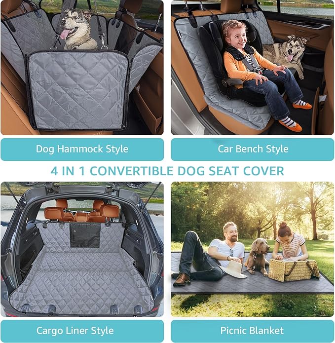 Dog Hammock for Car | Mesh Window & Safety Belt | 100% Waterproof Back Seat Pet Cover for Dogs Safe Travel with Side Door Protectors | Non-Slip, Scratchproof Rear Seat Cover for Cars, SUVs, Trucks