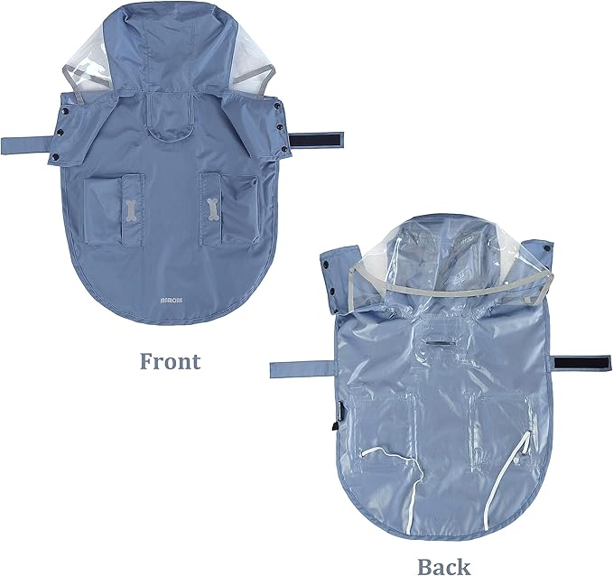 Waterproof Dog Raincoat, Adjustable Reflective Lightweight Pet Rain Clothes with Poncho Hood(Medium, Blue&Grey)