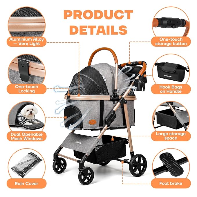 Dog Cat Stroller for Small/Medium Pets up to 50 lbs, 3-in-1 Foldable Pet Stroller with Detachable Carrier, Car Seat, Storage Basket, Cup Holder, Hanging Bag, Rain Cover, All-Terrain 4 Wheels (Grey)