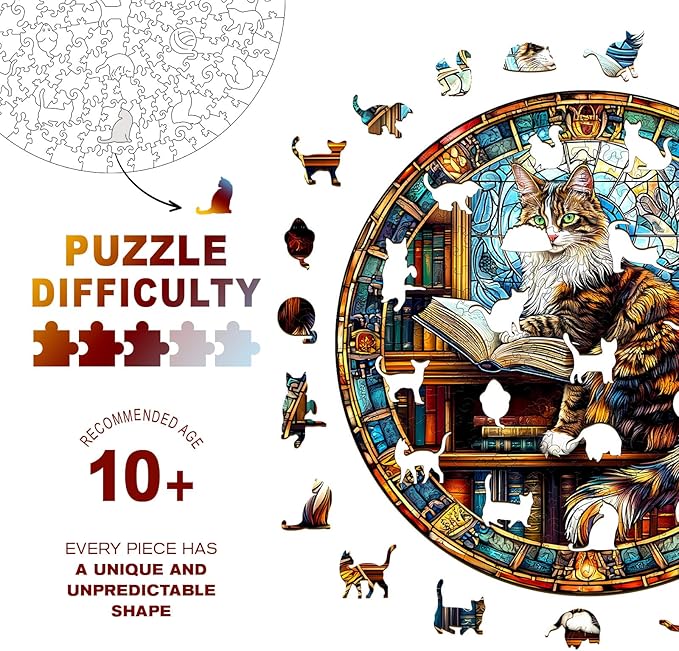 Wooden Puzzles for Adults - Maine Cat Library Wooden Jigsaw Puzzle, Unique Animal Shaped Wood Puzzles Adult, Christmas Birthday Gifts for Friends/Family, Home Decor 8.5 * 8.5in 100pcs