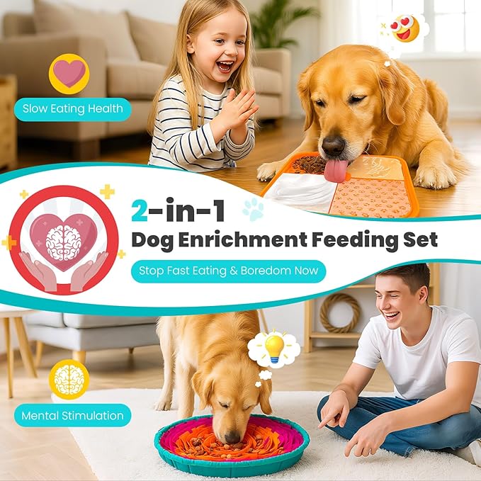 Petcare Dog Snuffle Mat and Lick Mat Set, Interactive Enrichment Dog Puzzle Toy for Puppy Small Medium Large Dogs Cats, Adjustable Slow Feeder Bowl Sniff Foraging Mats Mental Stimulation Treat Game