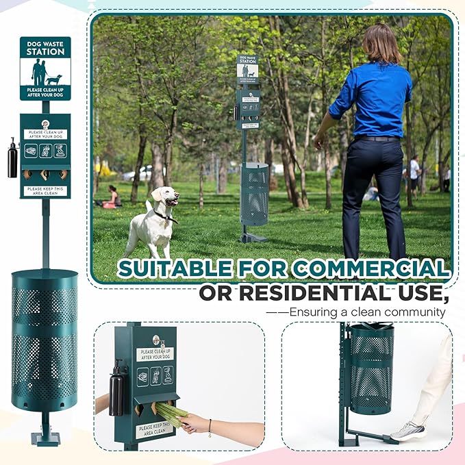 Pet Waste Station, Includes 600 Roll Bags, Dog Waste Station with Foot Pedal, Dog Poop Sign, Bag Dispenser, Hand Sanitizer Bottle and Covered Outdoor Trash Can for Parks, Trails Outdoor
