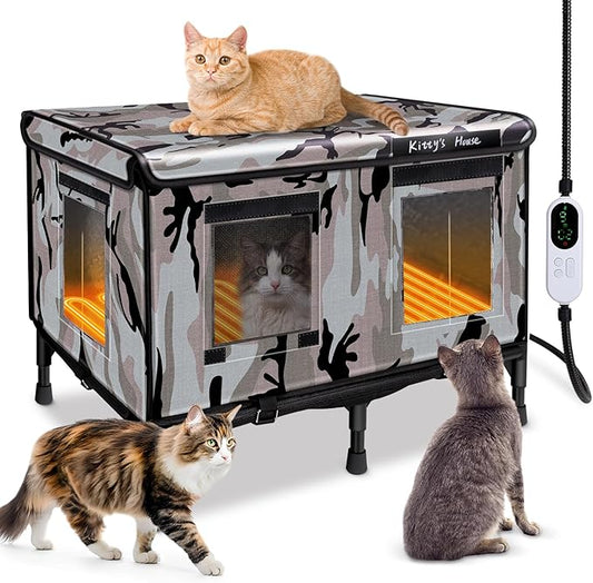 Heated Cat House for Outside in Winter, Weatherproof Insulated Outdoor Cat House with 2 Door & Elevated Base & Rain Coat, Feral Cat Shelter for Stray Cat (24"x18"x18")