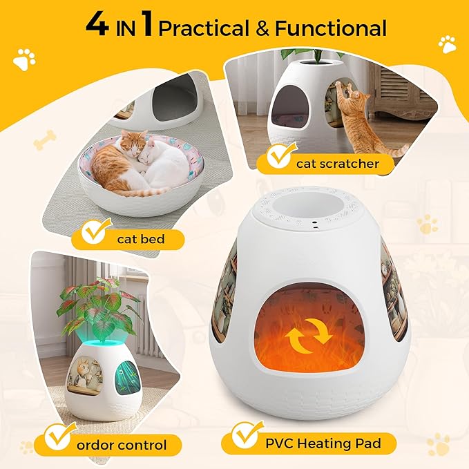 Copod8 Cat Bed Heated Pet Cave 4-in-1 Kitty Warming House Condo with Replaceable Scratching Board, Heating Pad and Air Purifier for Indoor Cats Rabbits Guinea Pigs Small Dogs (White)