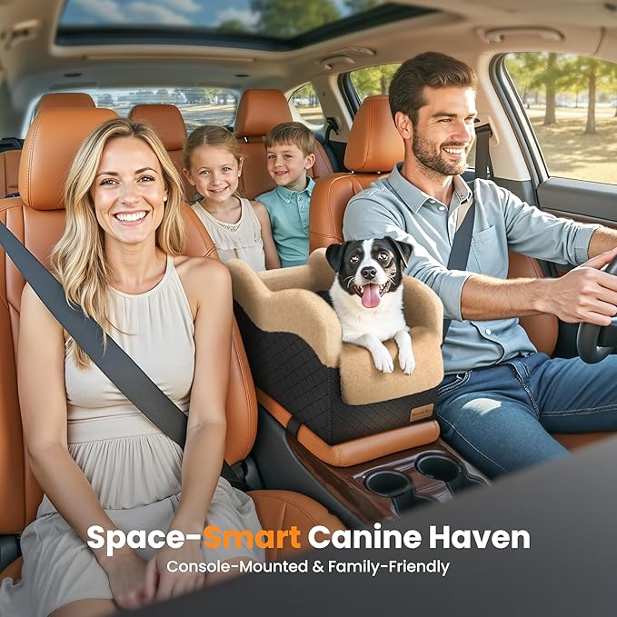 Portable Small Dog Seat for Car, Luxury Center Console Dog Car Seat Booster with Safety Tethers, Anti-Collapse Pet Travel Carseat for SUV, Truck (Black/Brown)