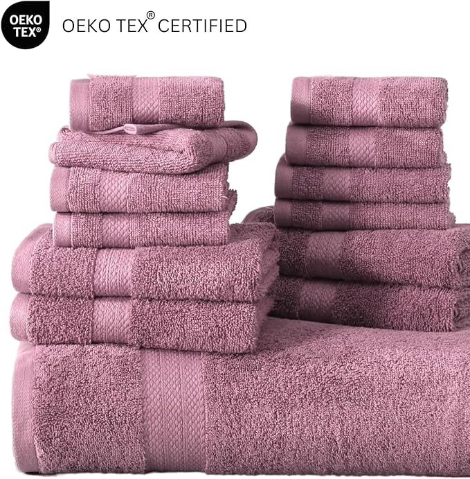 LANE LINEN 100% Mercerized Cotton Luxury Bathroom Towel Set - 16 Pcs - Super Soft, Fluffy & Highly Absorbent - 4 Bath Towels, 8 Washcloths, 4 Hand Towels - Pre Shrunk, Pet Friendly - Wishful Mauve
