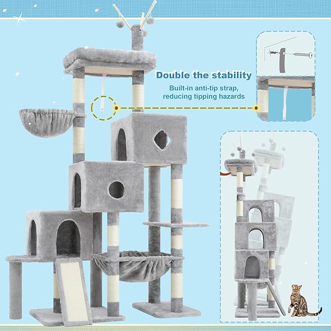 Hey-brother Cat Tree Tower, Scratching Posts with 3 Condos, Large Basket, Cozy Bed, Sisal Board, Step-by-Step Climbing Pathway and Toys, 74.8 inches Furniture for Big Indoor Cats, Light Gray MPJ081W