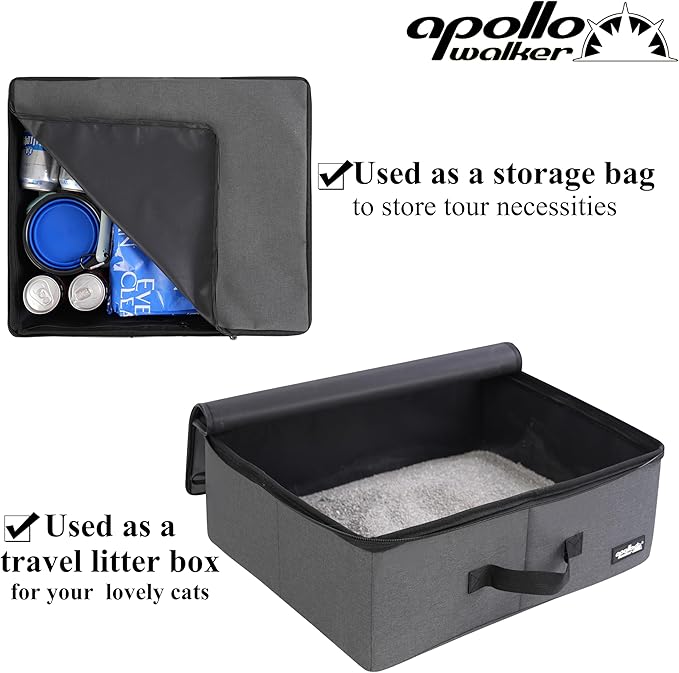 apollo walker Portable Cat Travel Litter Box with Zipped Waterproof Bag,Collapsible Litter Carrier for Cat with Zipped Lid and Handle, No Leakage, No Smell, Easy to Carry and Use in Hotels, Car Gray