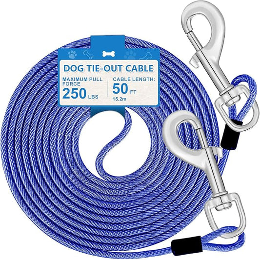 50FT Tie Out Cable for Dogs Up to 250 Pounds, Heavy Duty Lead for Large Dogs, Runner for Yard Outdoor and Camping, Blue