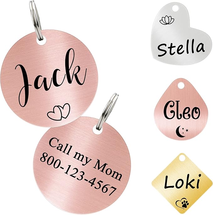 Ultra Joys Cat ID Tag Personalized Pet Tags, Durable Stainless Steel Small Pet Mini Dog Cat Tag Lightweight -Round Tag in Rose Gold
