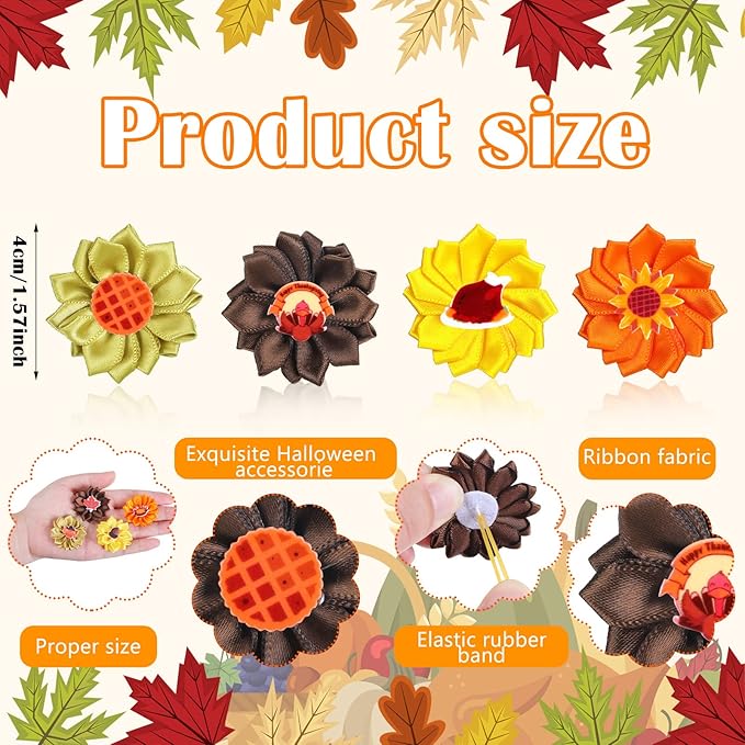 Sadnyy 60 Pack Thanksgiving Dog Hair Bows Fall Dog Flower Bows with Rubber Bands Thanksgiving Puppy Grooming Hair Accessories Pumpkin Turkey Pattern for Holiday Puppy Cats Pets Accessories