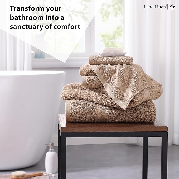 LANE LINEN 100% Mercerized Cotton Luxury Bathroom Towels Set - 6 Pieces - Ring Spun Technology - 2 Bath, 2 Washcloths, 2 Hand Towels - Suitable for All Skin Types Including Sensitive Skin - Taupe