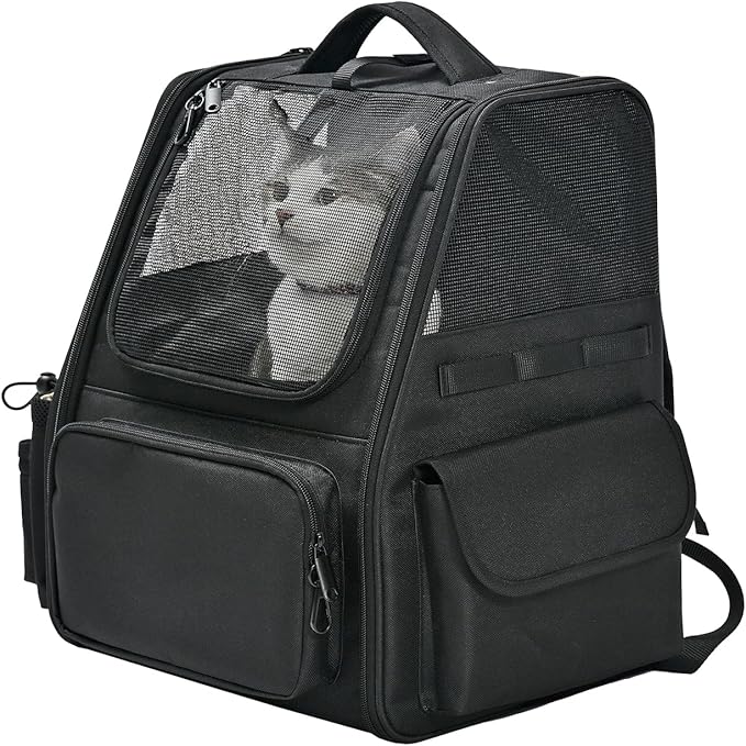 Amazon Basics Pet Backpack for Cats & Small Dogs, Collapsible Travel Carrier with Ventilated Mesh, Removable Pad, and Safety Leash, Black