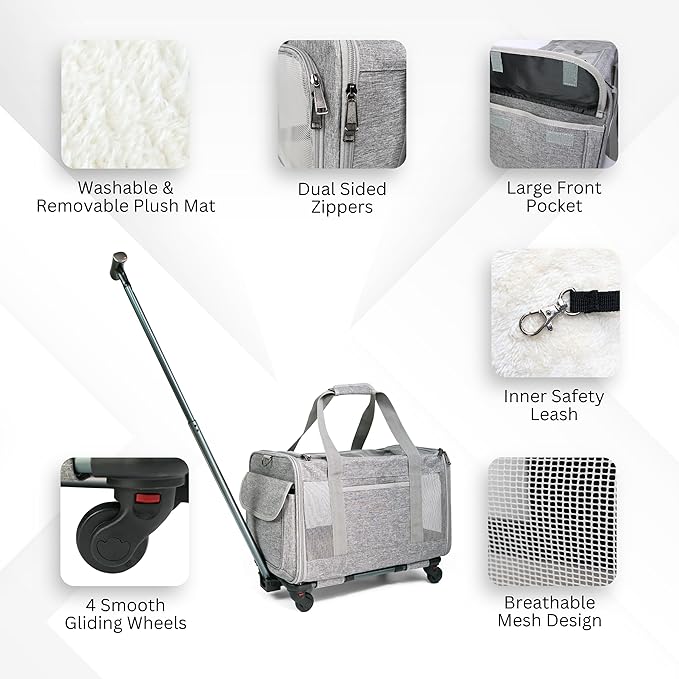 Pet Carrier With Wheels for Dogs Up To 15lbs – Airline Approved Dog Carrier - Rolling Pet Carrier w/ Removable Wheels & Washable Plush Mat – Cat Travel Carrier w/ Telescopic Handle & Shoulder Strap