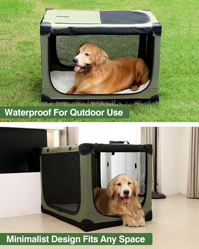 33 Inch Collapsible Travel Dog Crate for Medium Large Dogs, Portable Dog Crate 4-Door Foldable Soft Kennel with Durable Mesh Windows for Indoor & Outdoor Travel, with Storage Bag,Green