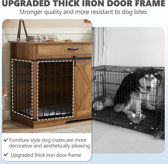 37.8" Dog Crate Furniture - Indoor Wooden Dog Kennel Furniture with Sliding Barn Door and Storage Drawer, Rustic Oak