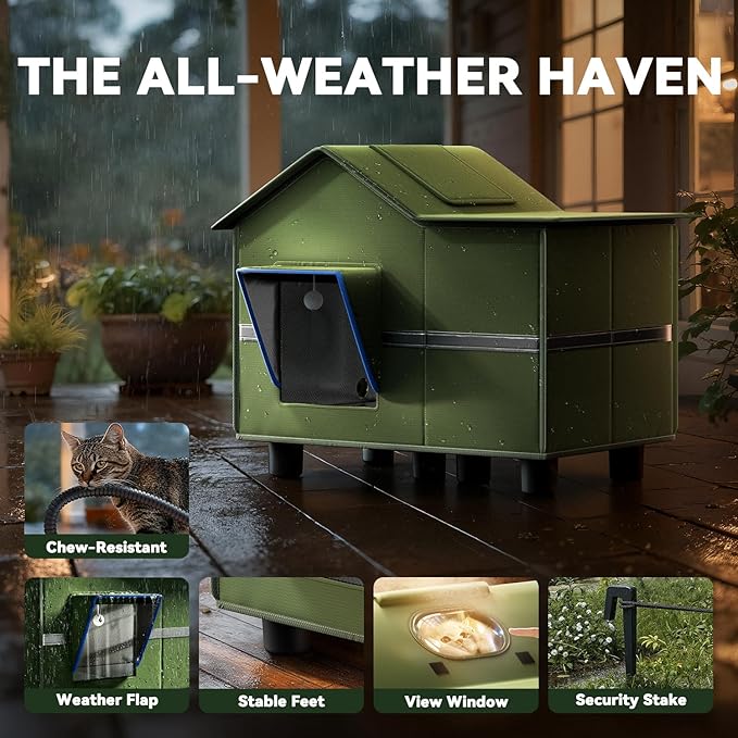 Heated Cat Shelter for Outside, Large Outdoor Cat House with Roof Window and Cozy Cushion, Weatherproof Foldable and Easy Assembly Design, Ideal for Stray and Feral Cats