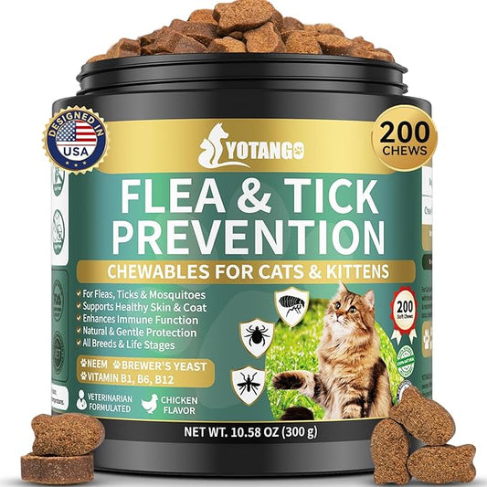 Natural Flea Treatment for Cats Chewables, 200 Soft Treats Flea and Tick Prevention for Cats, Oral Flea Supplement for Kitten Cat, Cat Flea and Tick Treatment, Skin & Coat Support - All Breeds & Ages