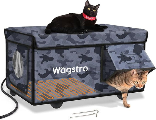 Heated Cat House for Outside, Waterproof Awning & Escape Door Heated Cat Houses for Indoor/Outdoor Cats in Winter, Elevated & Insulated Outdoor Cat Shelter for Feral Cat(Black Camo, 25"x16"x12")