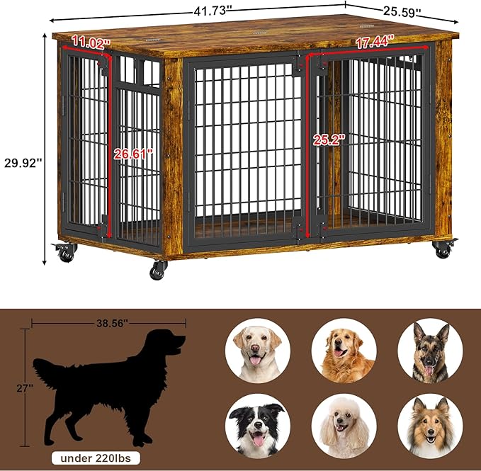 EasyCom 90% Pre-Assembled 41" Moveable XL Dog Crate, Large Dog Crate Furniture with Top-Access Teasing/Feeding Doors, Chew-Resistant Dog Kennel Indoor Furniture for Medium and Large Dogs