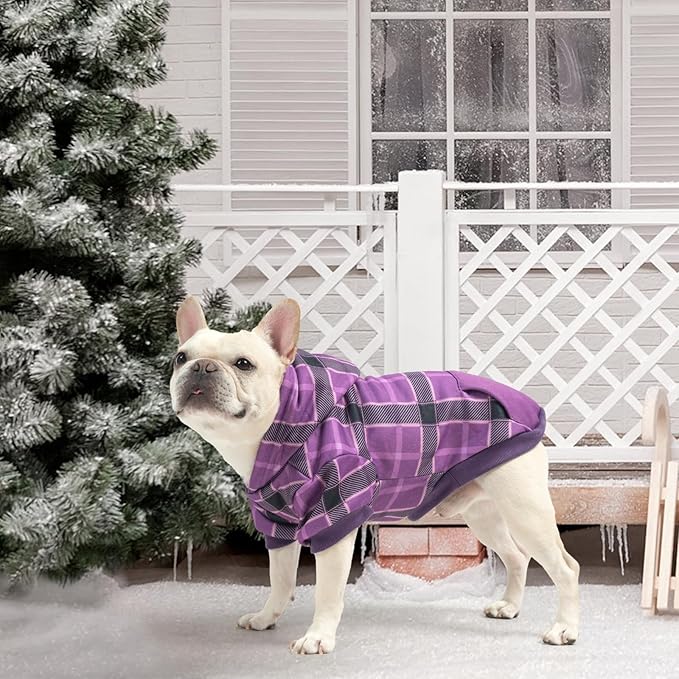 KOOLTAIL Plaid Dog Hoodie for Small Medium Large Dogs - Pet Clothes Sweater with Hat and Pocket for Cold Weather Winter, Warm Soft Dog Hooded Sweatshirt Coat Outfit for Puppy Cats Girls Boys Purple L