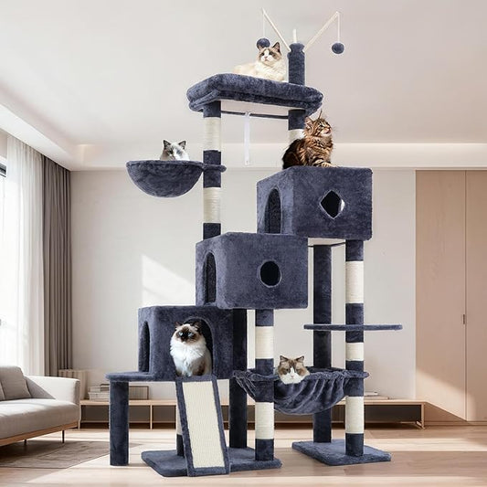 Hey-brother Cat Tree Tower, Scratching Posts with 3 Condos, Large Basket, Cozy Bed, Sisal Board, Step-by-Step Climbing Pathway and Toys, 74.8 inches Furniture for Big Indoor Cats, Smoky Gray MPJ081G