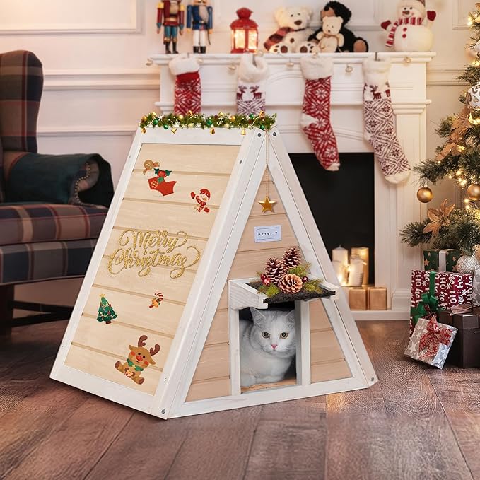 Petsfit Outdoor Cat House Weatherproof, Outside Feral Cat House with Escape Door,Outdoor Indoor Pet House for Small Animal, Small Rabbit Hutch Solid