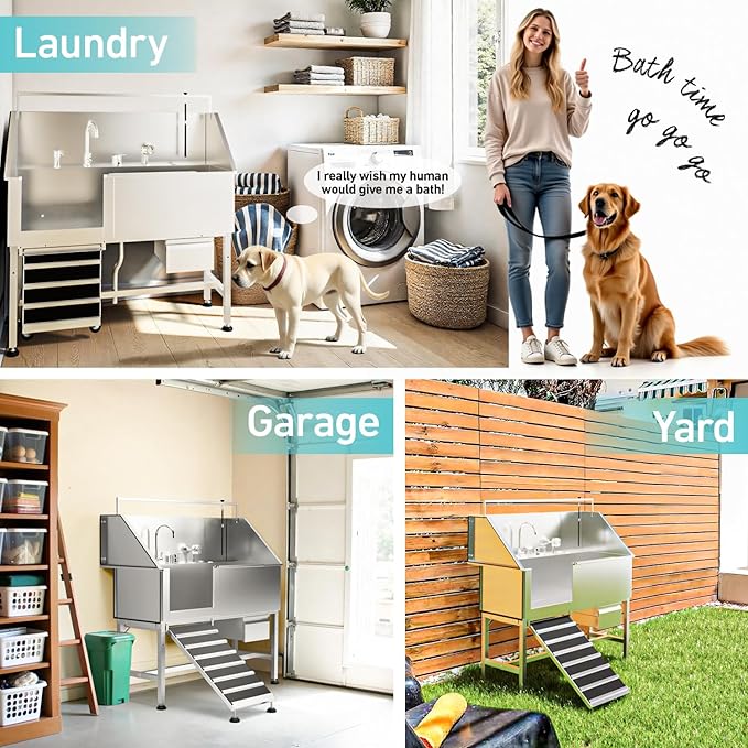 Professional 56" Dog Washing Station, 304 Stainless Steel Dog Bathing Station, Height Adjustable Dog Grooming Tub w/Ramp, Storage Drawer, Dog Bathtub for Large, Medium&Small Dogs (Left Ramp)