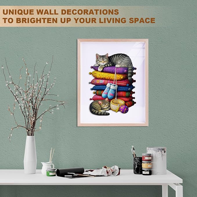 KAAYEE Wooden Puzzles for Adults, Pillow Kitten Puzzles, 150 Piece Unique Animal Shape Puzzle, Cat Wood Puzzle for Adults, Creative Gifts for Cat Lover/Friends/Family, Home Decor(11.4 * 8.7in)