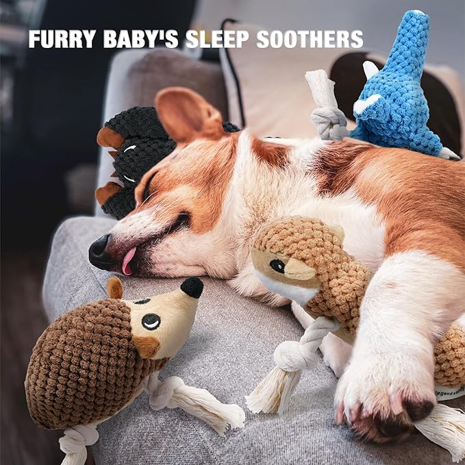 LEGEND SANDY Squeaky Dog Toys, Plush Small Dog Toys, 5 Pack Stuffed Animal Puppy Toys with Tug of War Ropes Value Bundle, Puppy Chew Toys for Teething, Dog Chew Toy for Small Medium Breeds