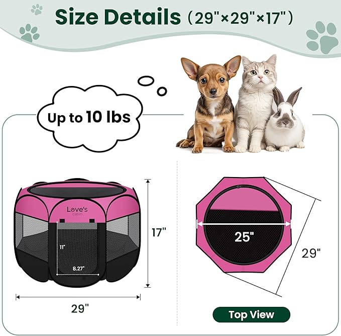 Love's cabin Pet Puppy Dog Playpen, Small Dog Tent Crates Cage Indoor/Outdoor, Portable Playpen for Cat, Foldable Pop Up Dog Kennel Playpen with Carring Case, Removable Zipper Top, Pink