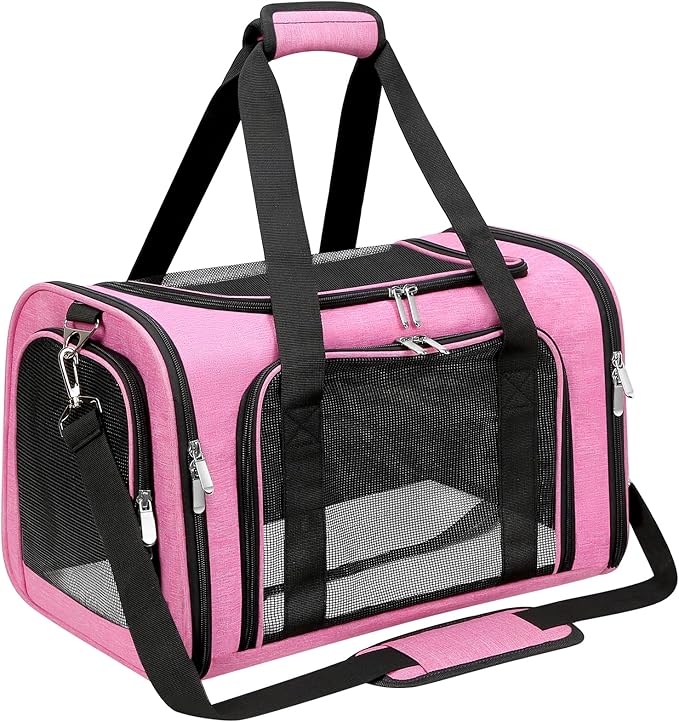 Soft-Sided Cat/Dog/Pet Carrier, Collapsible Pets Travel Carriers for Big Cats/Small Dogs with Shoulder Strap & Removable Mat, Mesh Puppy Carry Bag, Up to 16 Lbs, TSA Airline Approved (Pink)