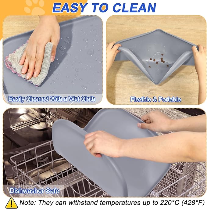 Silicone Pet Feeding Mat with Raised Edge for Food and Water, Dog Bowl Mats, Cat Bowls Placemat with High Lip for Floor Waterproof, Rubber Tray for Cats and Dogs 24 x 16 x0.8 Light Gray